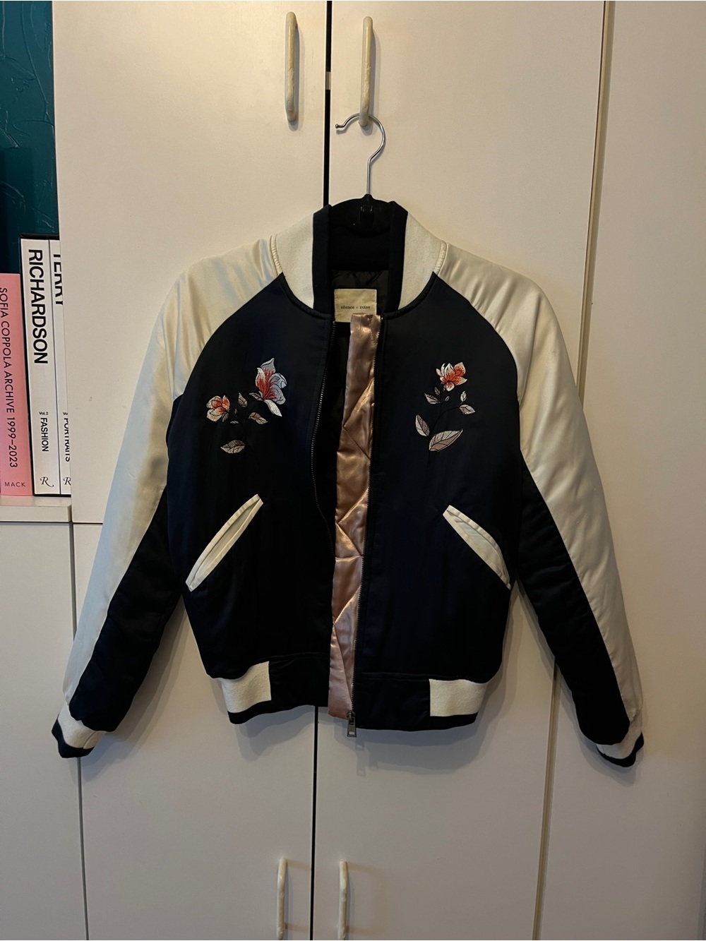 silence + noise Navy and Cream Floral Bomber Jacket